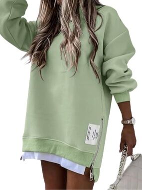 chic Sage Green Oversized Zip-Accent Sweatshirt